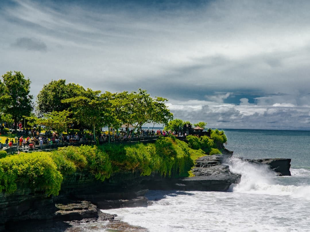 A scenic coastal cliff with lush green vegetation, crashing waves, dark volcanic rock formations, and crowds of tourists gathered on a viewpoint platform overlooking the ocean. - Photo by Eja Knalin on Unsplash