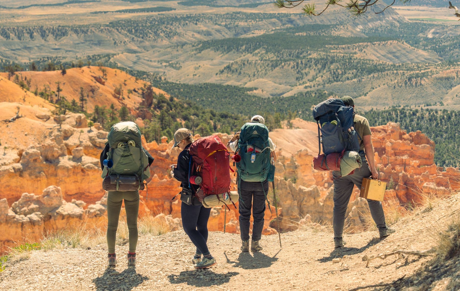 Four backpackers with full packs hike along a trail overlooking distinctive orange hoodoo formations and forested valleys typical of Utah's high desert plateau country. - Photo by Alex Moliski on Pexels