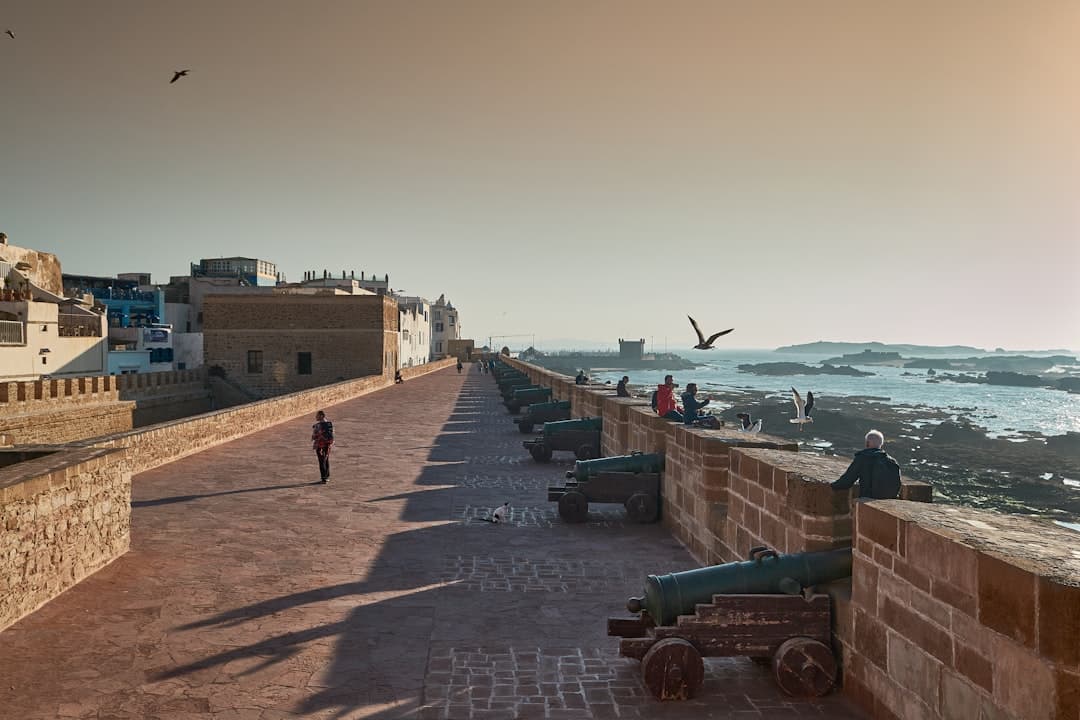 A fortified seafront promenade in Essaouira's medina features cannons mounted on wooden carriages along crenellated rampart walls, with the Atlantic Ocean, dark beach, and medina buildings visible. - Photo by Anastasia Dimitri on Unsplash