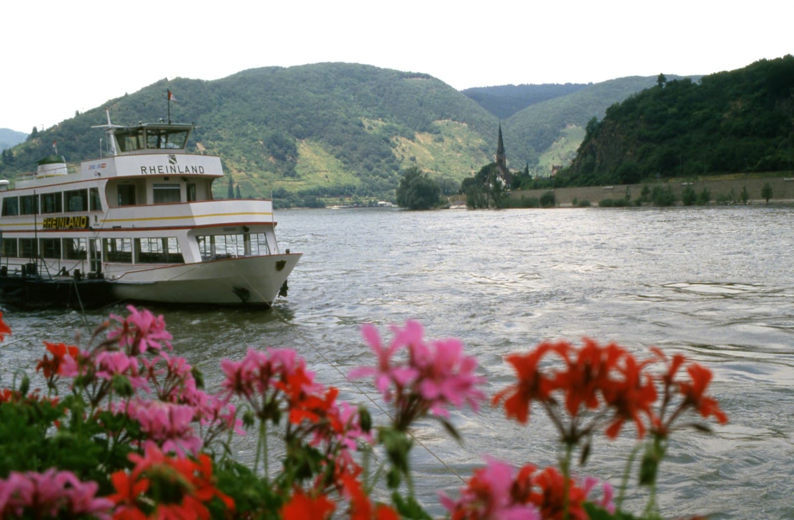 A white and cream passenger river cruise boat named 'Rheinland' moored on the Rhine River with steep, densely forested hillsides rising behind it, a church spire visible on the far bank, and flowering geraniums in the foreground. - Photo by Michael Hamments on Unsplash