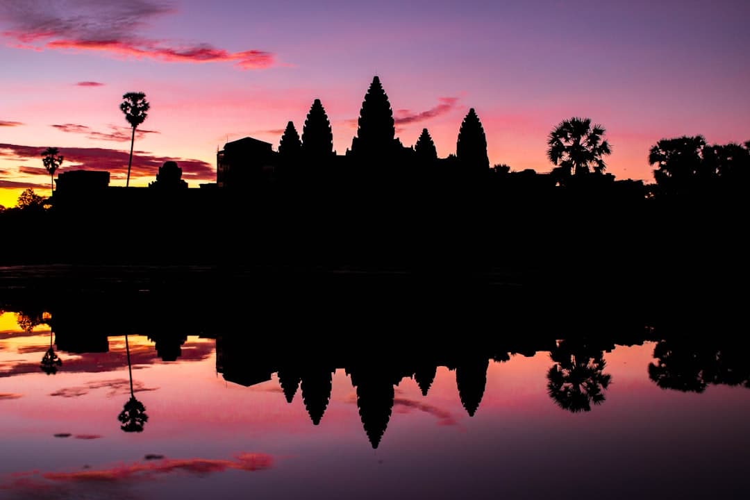 Silhouetted view of Angkor Wat reflected in still water at dawn or dusk, with palm trees flanking the composition against a pink and purple sky. - Photo by Florian Hahn on Unsplash