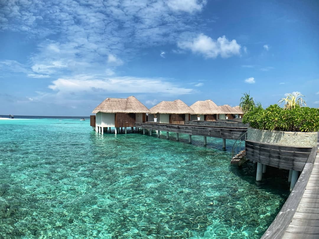 Over-water bungalows with thatched roofs connected by wooden walkways in crystalline turquoise tropical waters, with mangrove vegetation visible on the right. - Photo by Upgraded Points on Unsplash