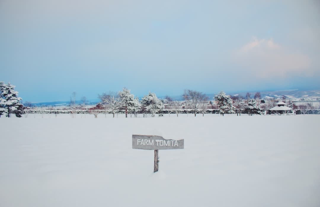A snow-covered rural landscape with a wooden sign reading 'FARM TOMITA' in the foreground, showing a winter scene of a farm in Hokkaido with snow-laden trees and farm structures visible in the distance. - Photo by Yi Syuan Li on Unsplash