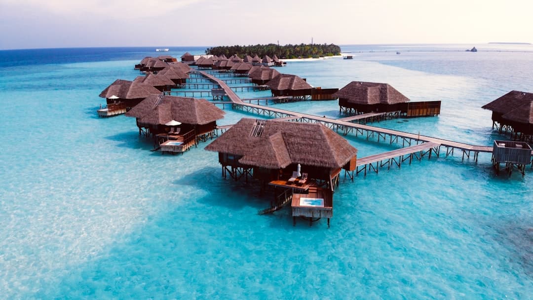 Aerial view of an overwater bungalow resort with thatched-roof villas connected by wooden walkways in turquoise shallow waters, with a vegetated island in the background. - Photo by Mike Swigunski on Unsplash