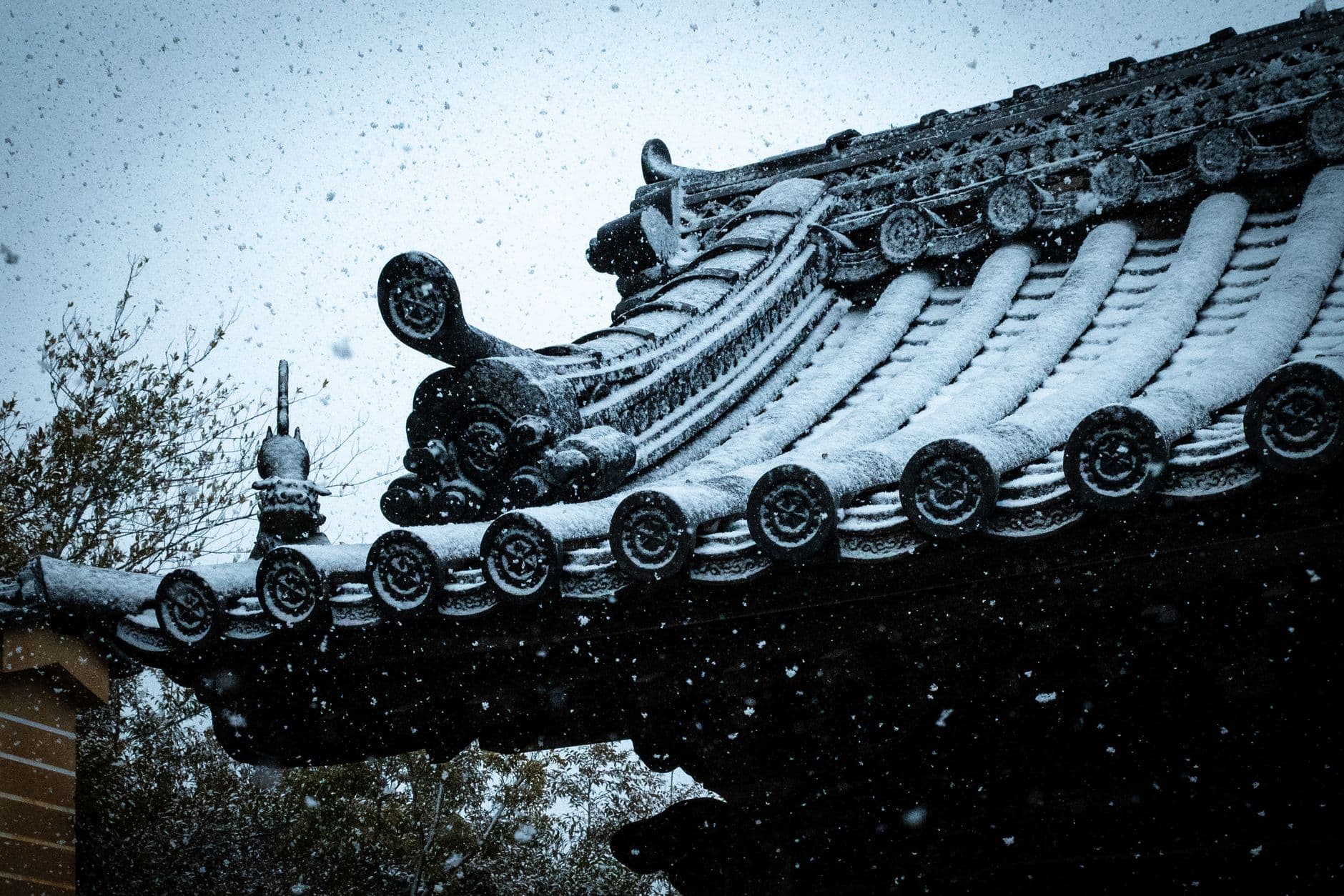 A snow-covered traditional East Asian temple or palace roof with ornate upturned eaves, dragon finials, and decorative ceramic tiles with spiral emblems, photographed during falling snow. - Photo by Leongsan Tung on Pexels
