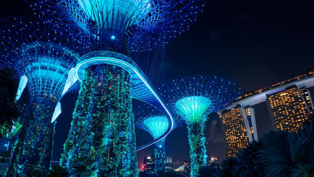Night photograph of the illuminated Supertree Grove at Gardens by the Bay in Singapore, featuring glowing blue and cyan fiber-optic lighting on the distinctive tree structures with tropical vine coverage. - Photo by Jan Folwarczny on Unsplash