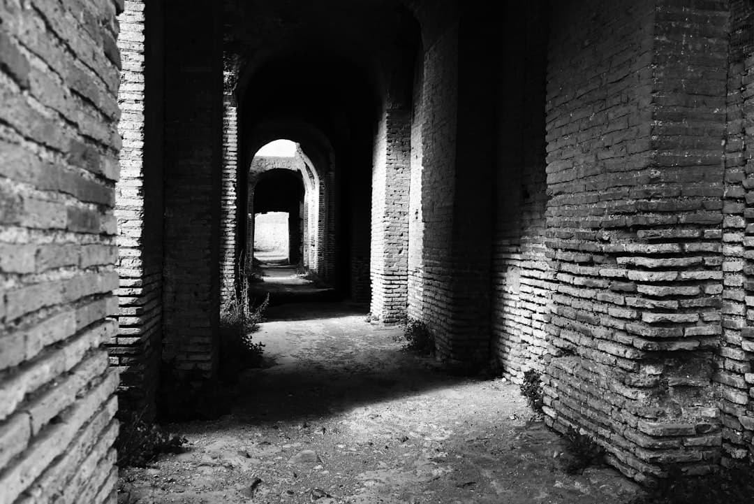A black and white photograph of a vaulted brick corridor with rounded archways, showing the characteristic Roman construction technique and architectural style of Ostia Antica's ancient ruins. - Photo by Husha Bilimale on Unsplash