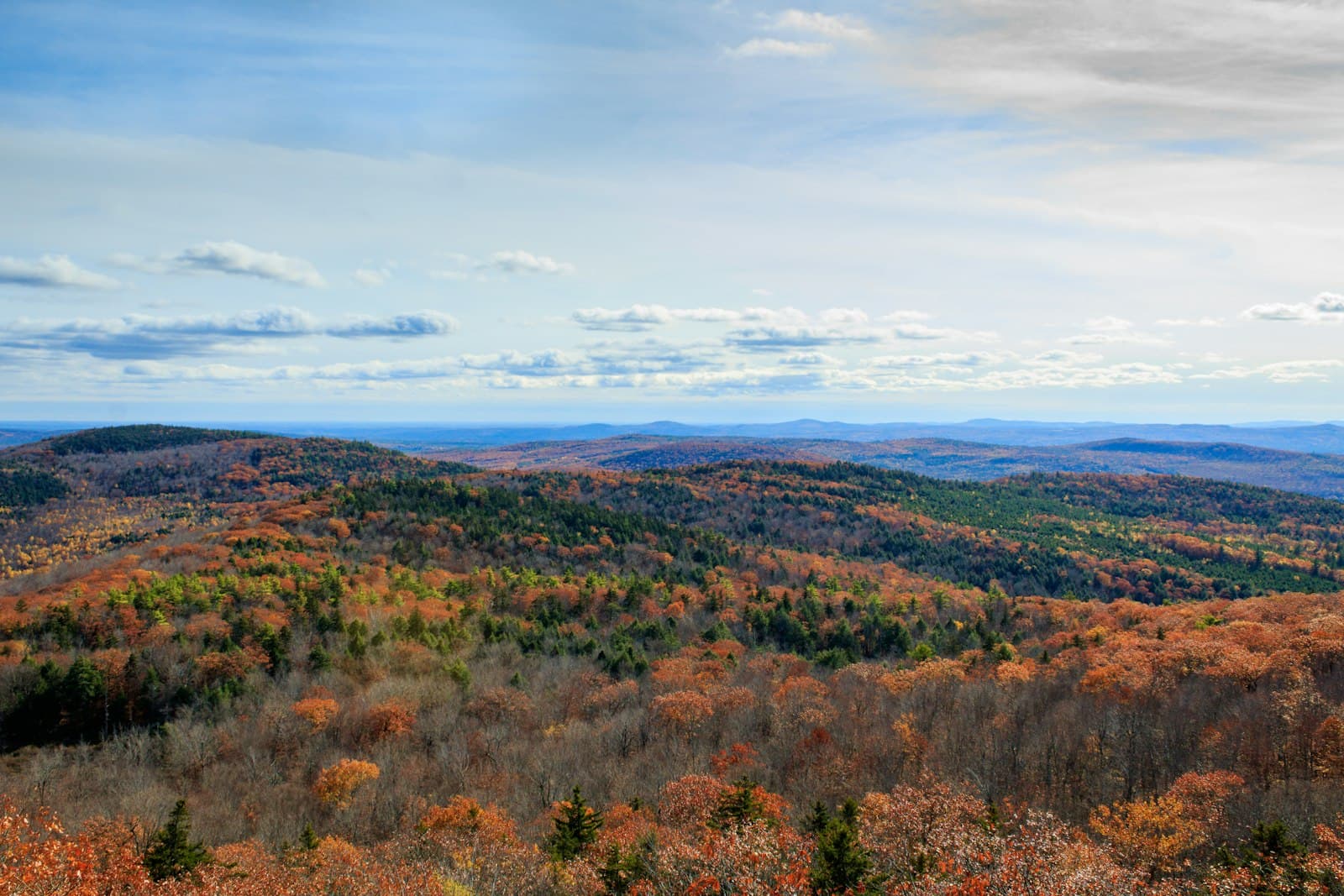 An expansive autumn landscape showing layered forested hills in peak fall foliage, with mixed deciduous trees displaying orange and red colors interspersed with evergreen conifers, photographed from a high vantage point during midday with partly cloudy skies. - Photo by Peregrine Photography on Unsplash