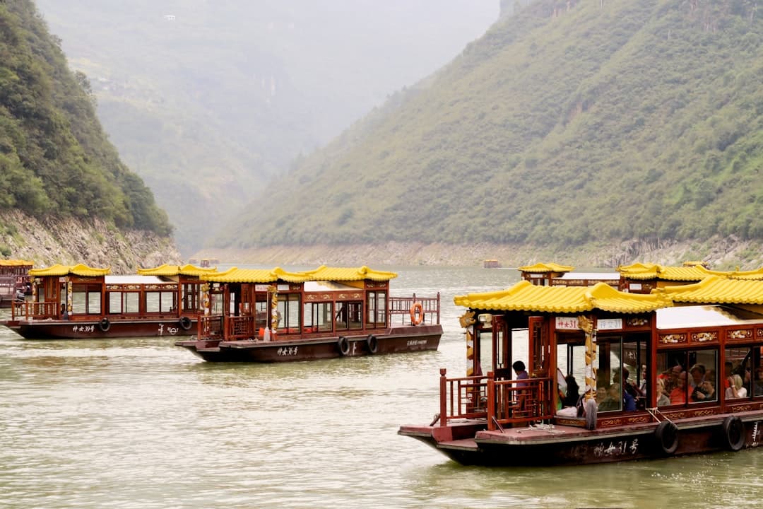 Traditional wooden tour boats with yellow tile roofs moored on the Yangtze River within a deep forested gorge, with steep limestone cliffs rising on both sides. - Photo by Freysteinn G. Jonsson on Unsplash