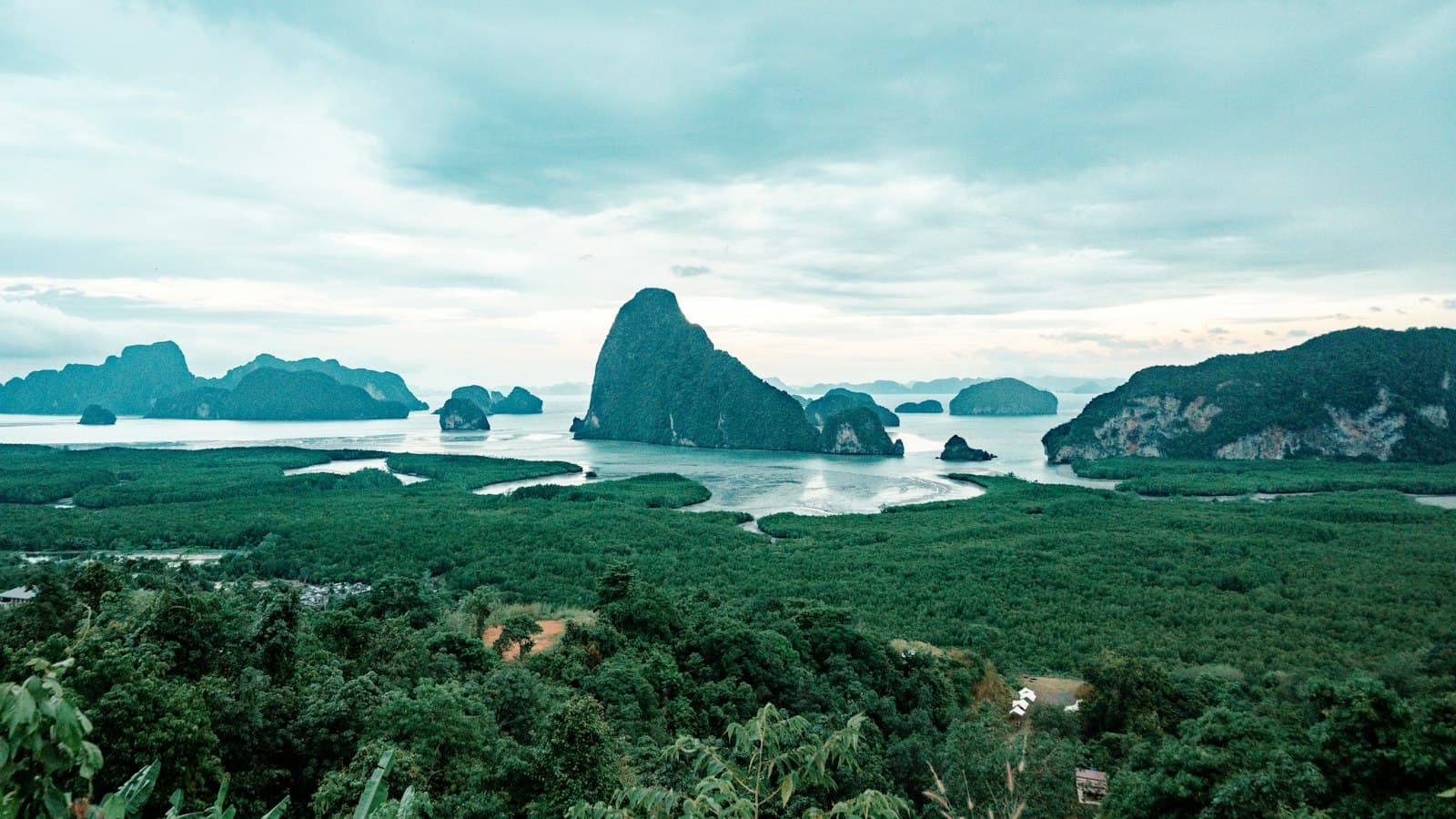 Aerial view of Phang Nga Bay showing iconic limestone karst islands surrounded by mangrove forests and shallow waters, taken from an elevated vantage point. - Photo by Sven on Unsplash