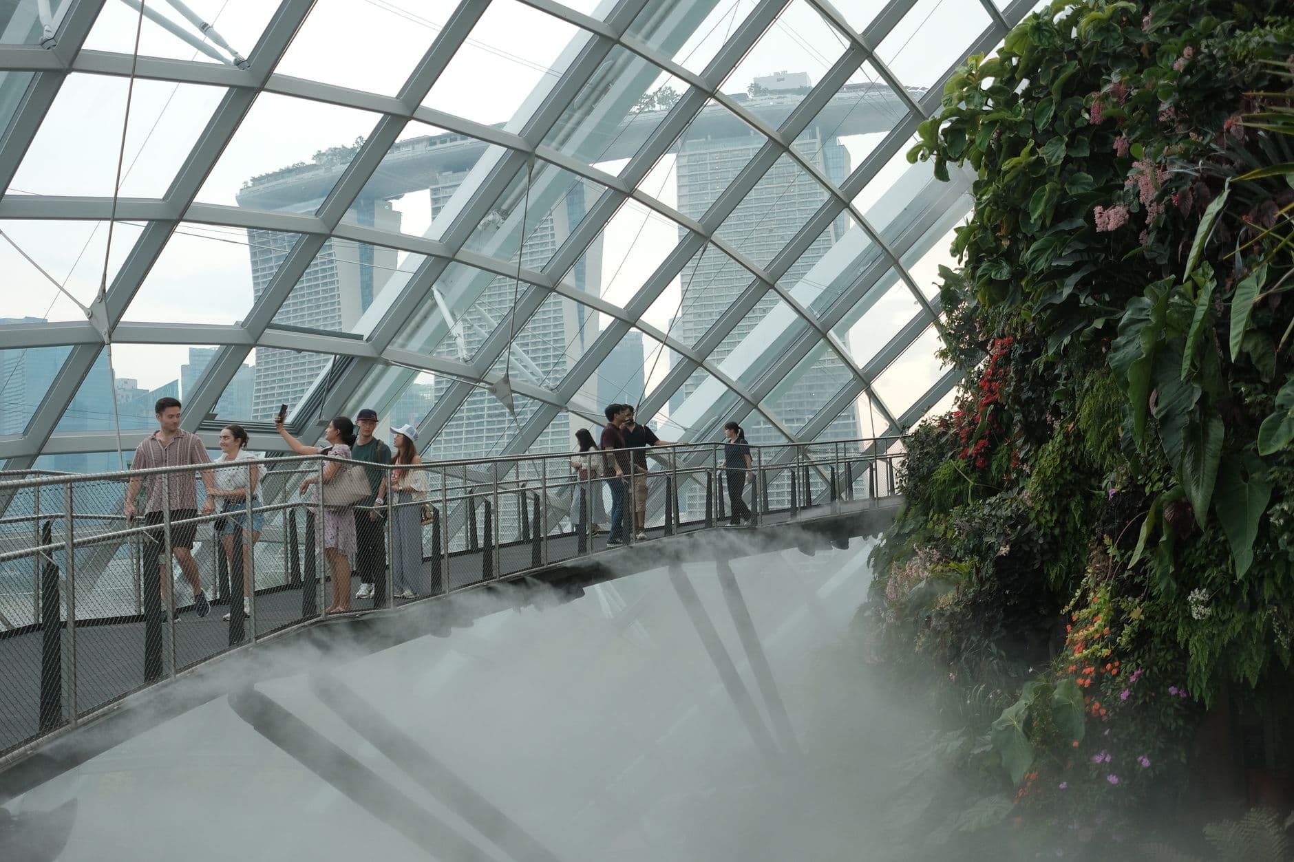 Visitors walk through a modern glass-roofed conservatory with integrated vertical gardens, looking out at Singapore's skyline of tall residential and commercial towers. - Photo by Angelyn Sanjorjo on Pexels