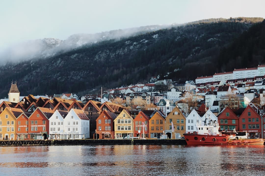 Bryggen waterfront in Bergen with its iconic row of colorful Hanseatic merchant houses reflected in the harbor, backed by snow-covered forested mountains under overcast skies. - Photo by MAO YUQING on Unsplash