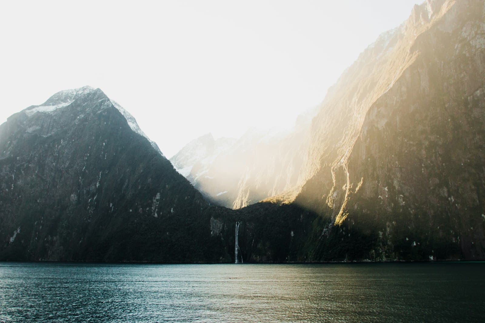 A dramatic fjord landscape showing towering granite cliff faces with waterfalls, dense forest, and turquoise-green waters typical of Milford Sound in Fiordland. - Photo by claudia williams on Unsplash