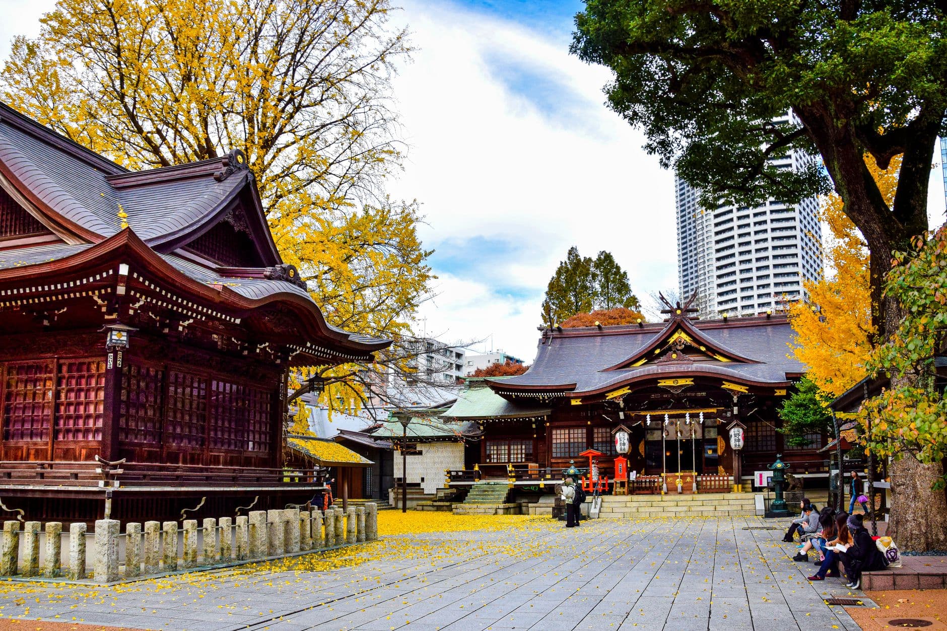 A traditional Japanese Shinto shrine courtyard during autumn, with red wooden temple buildings, stone lanterns, and golden ginkgo foliage, set against a backdrop of modern Tokyo high-rises. - Photo by AXP Photography on Pexels