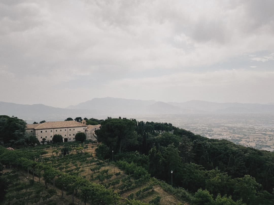A stone farmhouse or villa set among vineyard rows on a hillside in Val d'Orcia, with cypress trees and distant rolling Tuscan hills visible beneath overcast sky. - Photo by Skyler Smith on Unsplash