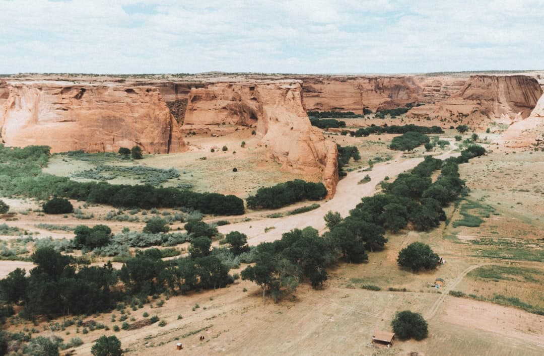 An aerial view of a canyon valley with towering reddish-brown sandstone cliffs, a meandering river lined with green cottonwood trees, and terraced agricultural fields in the desert floor. - Photo by Benjamin Esteves on Unsplash