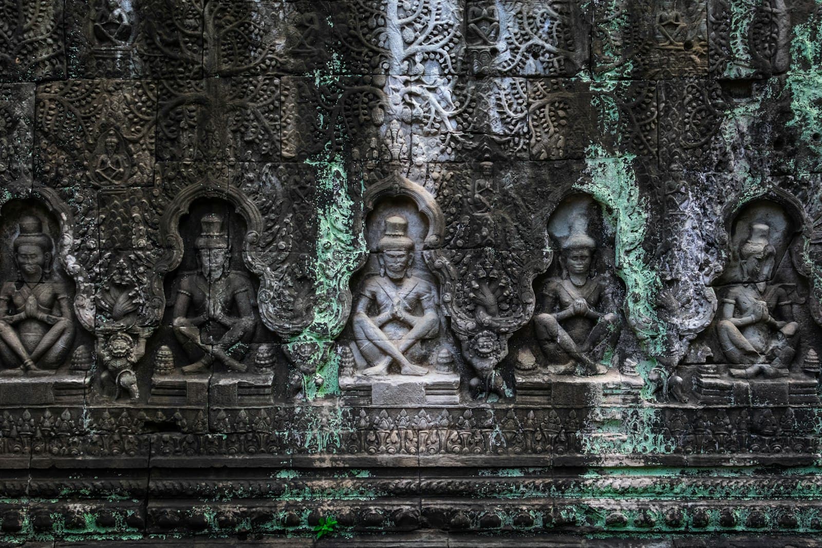 Ornately carved stone temple wall featuring five devata figures in arched niches with elaborate decorative relief work, covered with green lichen and moss indicating age and tropical climate. - Photo by Sumit Mangela on Unsplash